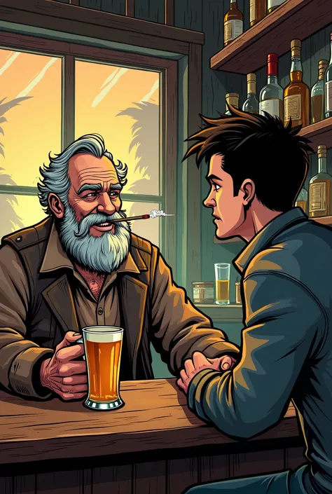 Create a very high quality image,  comic book cartoon ,  detailed: a bar, an old man,  shabby beard, old clothes,  Smoking a cigarette , having a beer, Talking with a young man,  spiked hair, Serious,  with a concerned look  