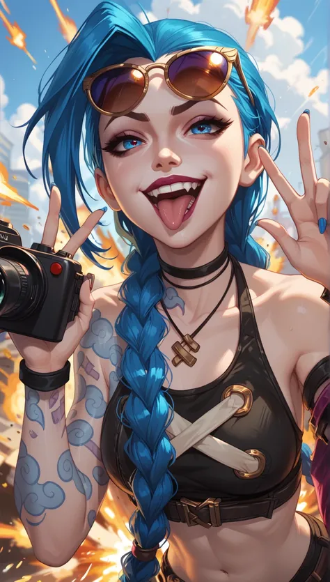 jinx from league of legends, wearing sunglasses while her hand showing the peace hand sign. There is a huge explosion behind her, blowing up a secret lab. she has a long twin braid, Her mouth is firmly closed, giving her a smug and composed expression. dut...