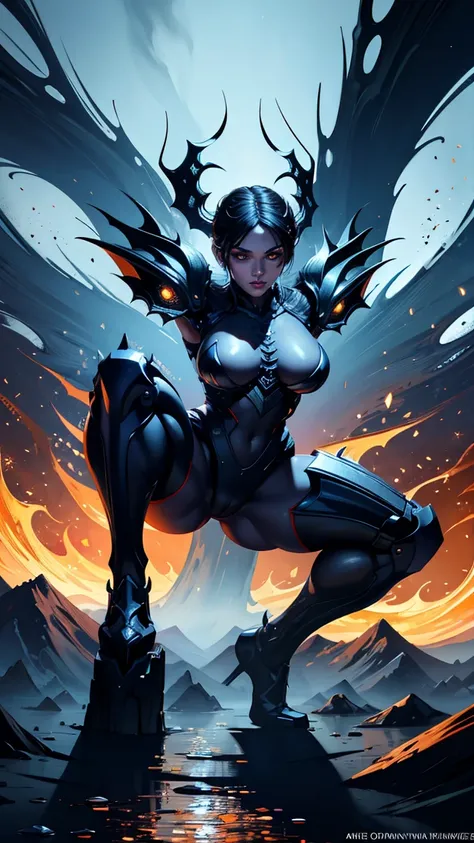 Full body image ((full body view)) (Top Quality, 8k), splash art, a white demonic woman, (best quality, 8k, 32k masterpiece:1.2), hands on her knees, pushing her legs apart, POV shot from her feet, full figure, Muscular and athletic full body, body armour ...