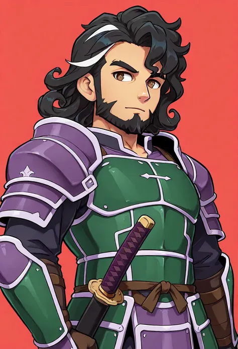 looking right, transparent background, upper-body, black hair, curly hair, white streaked hair, brown eyes, beard, 1boy, sheathed katana, two-toned armor, purple armor, green armor, thin