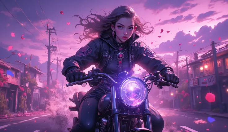 ( Masterpiece ,8 k,16 thousand.,wallpaper),( best illustration), A day with my gothic girlfriend ,( woman in a gothic black biker suit , motorcycle riding :2.0),( races at super high speed on a motorcycle along the road , where black roses blossomed :...