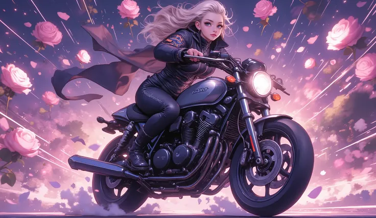 ( Masterpiece ,8 k,16 thousand.,wallpaper),( best illustration), A day with my gothic girlfriend ,( woman in a gothic black biker suit , motorcycle riding :2.0),( races at super high speed on a motorcycle along the road , where black roses blossomed :...