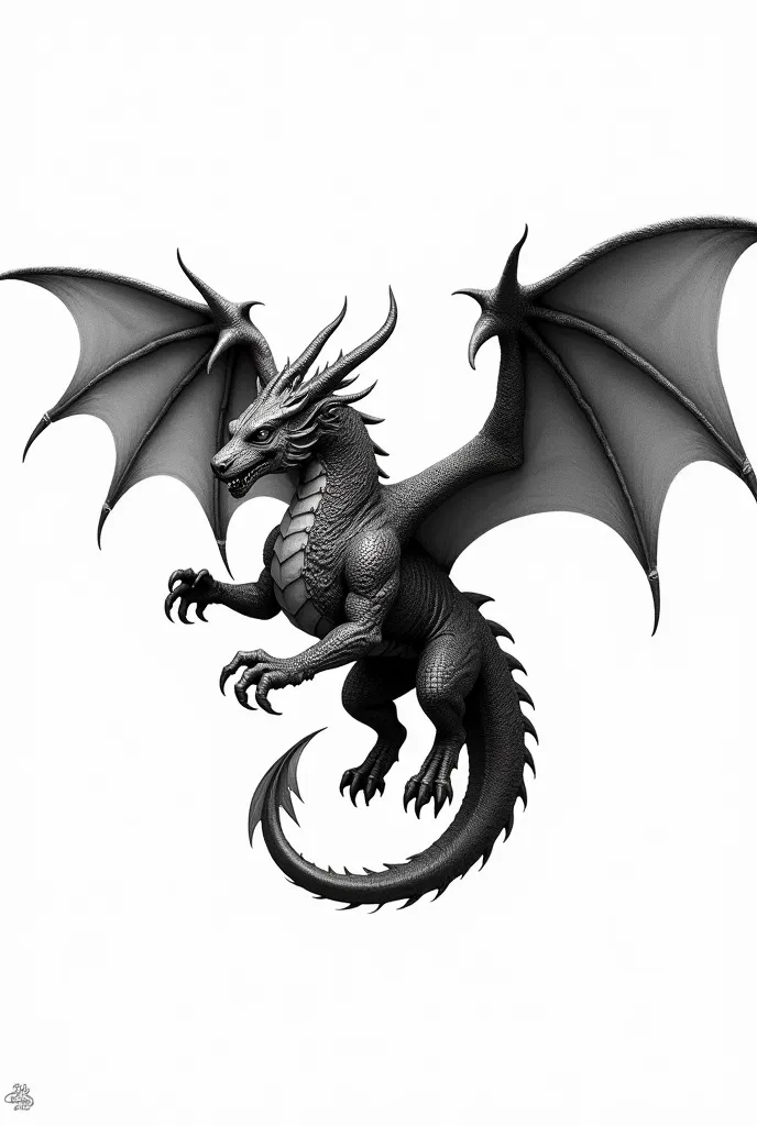 Demon dragon with 4 wings using engraving style with white background