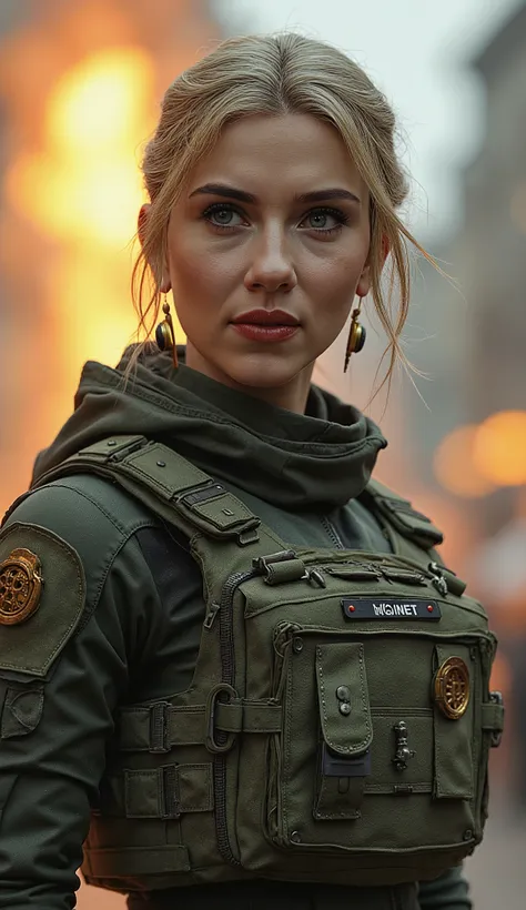 Imagine Scarlett in Sonya's iconic green and black tactical gear, with a determined, battle-ready look. Her blonde hair tied back in a ponytail, highlighting her focused and relentless expression. The background could be an intense arena, like Meteor Storm...