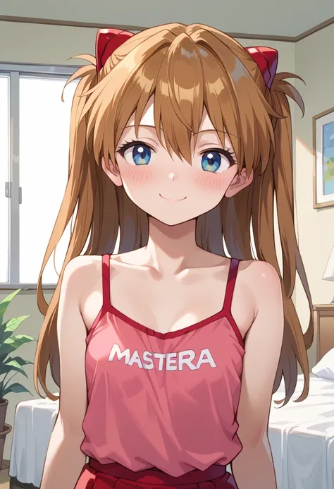 (( top quality)), (( Masterpiece)), (be familiar with),  perfect face ,  indoor, bedroom,  watching viewers,
One woman,  Soryu Asuka Langley,
開いた口,  ecstatic expression, blush, smile,
 small tits,  file, Young girl,  lori,  s,  girl,
 long hair,  two side ...