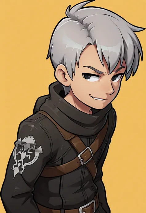 grey hair, black eyes, thief, upper-body, short hair, fantasy, looking left, transparent background, 1boy, smirk, leather straps, black clothes, scorpion print 