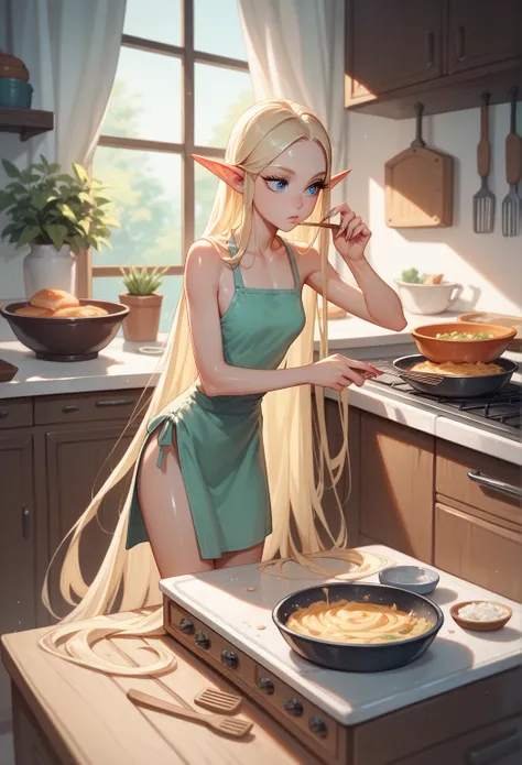 Pale skin,Shiny skin,blonde very long hair, big blue eyes,thick blonde eyelashes,Sting,Pointed ears,Long nails,skinny body,full body,elf,16k,Cooking