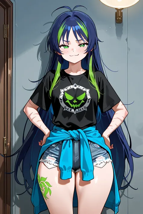 Appearance:A Young Man with very Long Messy dark blue hair with glowing green highlights,Phantom like Green eyes with starlike iris,Soft Ethereal like skin,smug expression,a very feminine built with right amount of muscle mass,thick smooth large thighs wit...