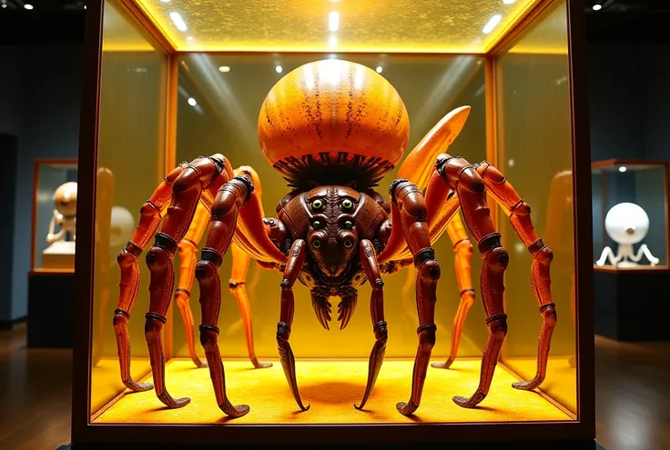 An alien spider in armor with many eyes, claws and wings in amber in the museum  