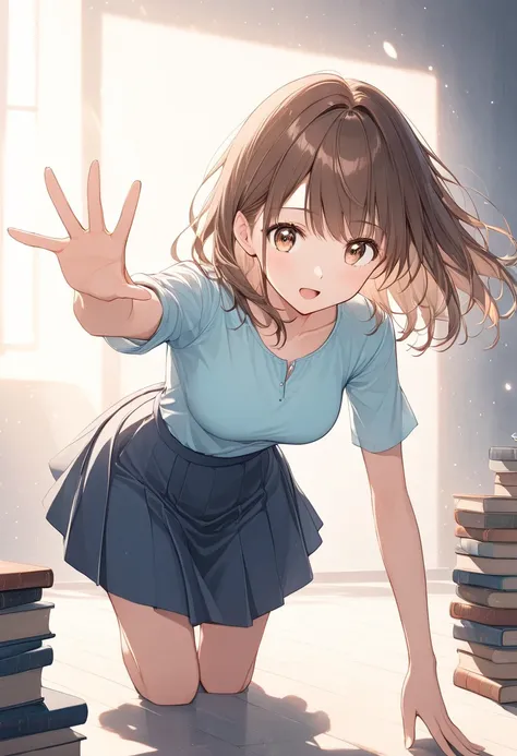 An anime-style girl with medium-length brown hair and brown eyes, wearing a tight blouse and skirt. her breasts are slightly visible. She stands in a full-length pose, leaning forward slightly to pick up a book from the floor. Her pose is graceful and casu...