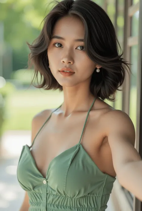   realistic photo,  A woman, 20 years,  brown eyes, Short dark green hair, beautiful and curvy body,  Brown skin, She's wearing a dress,  she is in front ,  she's natural ,  she's natural  e ultra realista,  She's photogenic and model ,  She's taking a sel...