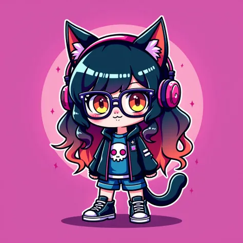 Kawaii cute chibi cat, neon colors, gradient hair, many accessories on the outfit and hair, glases, headphones, curly long hairstyle, theme: gamer girl, minimalist
