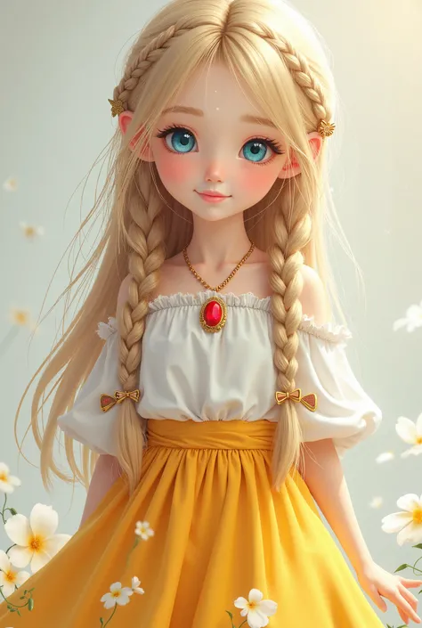 A age girl with blue eyes and long yellow hair divided into two braids wears a medium-size short, white-skinned yellow skirt wearing a gold necklace with a red ruby 