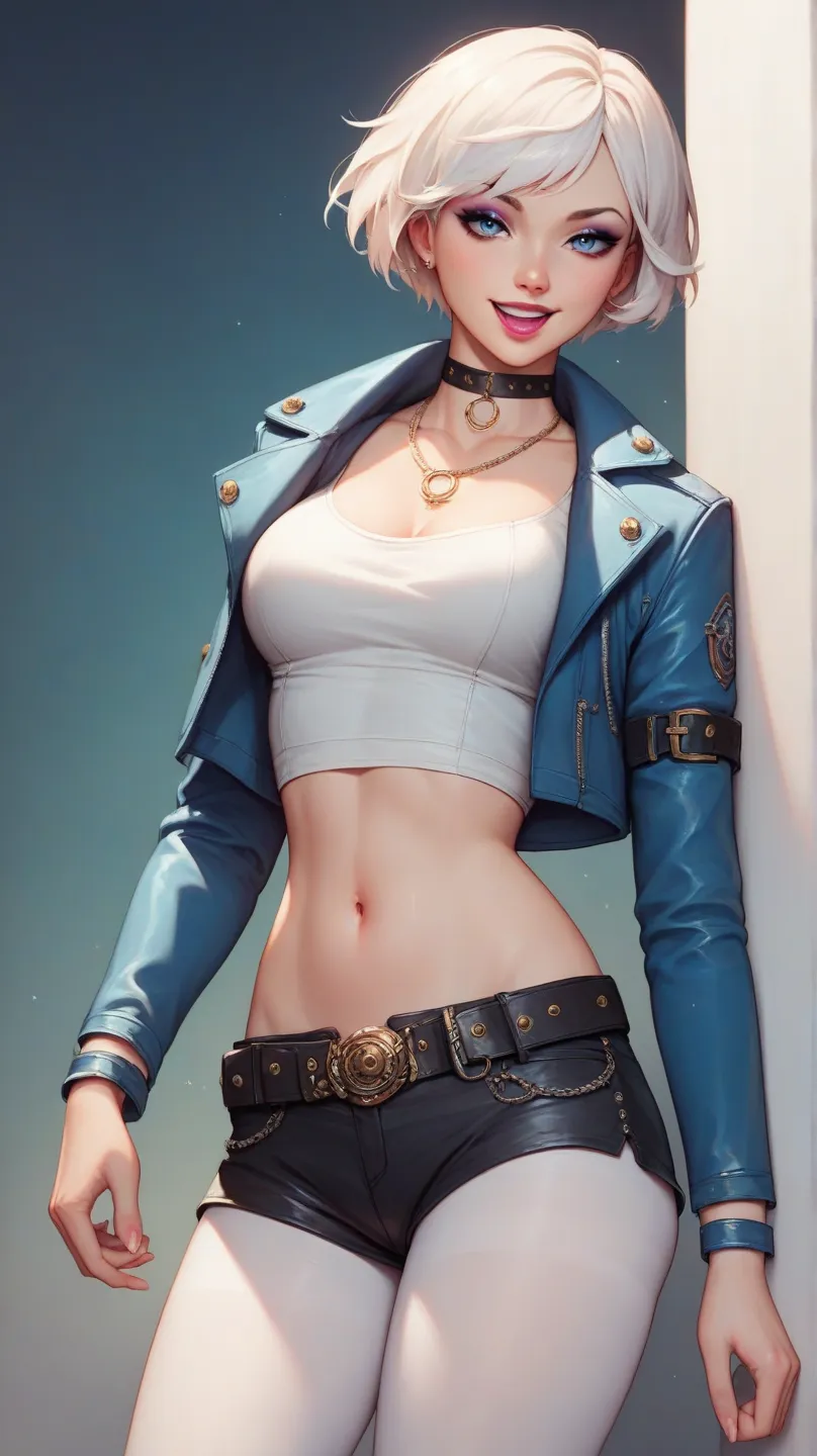 masterpiece, best quality, , 1girl, solo, breasts, looking_at_viewer, smile, short_hair, blue_eyes, white_hair, navel,  medium_breasts, blue opne jacket, white_hair,  cowboy_shot, open_clothes,black shorts, leather shorts, choker, midriff, belt, necklace, ...