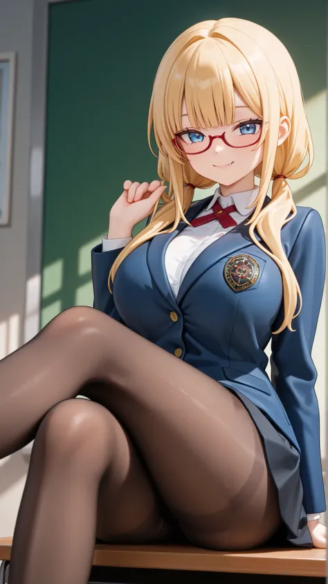 1girl, long hair, blonde hair, blue eyes, straight bangs, sidelocks, large breasts, low pigtails, long pigtails, white shirt, blue blazer, black skirt, red secretary glasses, black pantyhose, sitting on desk, fang smile 