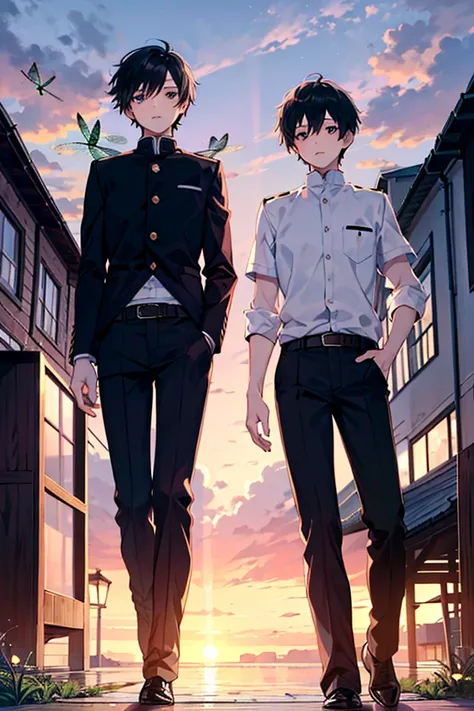 　 boys　 black hair　pants　Harbor at dusk　Port town　 boy　uniform　Dragonfly