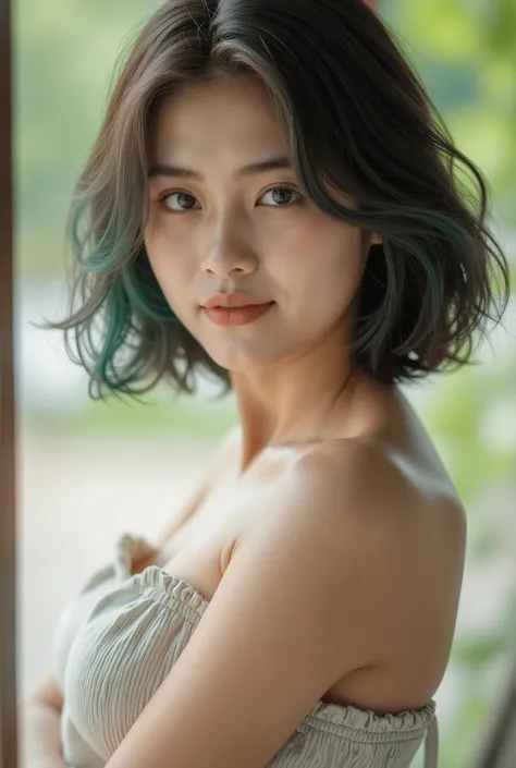 realistic photo, A woman, 20 years, brown eyes, Short dark green hair, beautiful and curvy body, Brown skin, She's wearing a dress, she is in front , she's natural , she's natural e ultra realista, She's photogenic and model , She's taking a sel...
