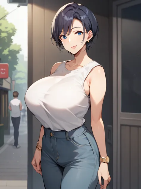  score_9,  score_8_up,  score_7_up,  score_6_up, Mature Woman, {{ super huge breasts}}, 幅広い腰,  curvaceous,   straight hair ,  short hair,  Gold,  blue eyes,  white shirt,  sleeveless shirt,   pants, 屋内で,  standing,  Watch viewers, smile