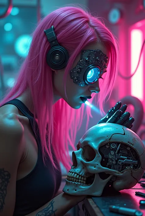 masterpiece, best quality, good quality, very aesthetic, absurdres, newest, 8K, depth of field, focused subject, A half-body shot of a beautiful cyborg girl in her futuristic workshop. She has neon pink hair cascading down her shoulders, contrasting sharpl...