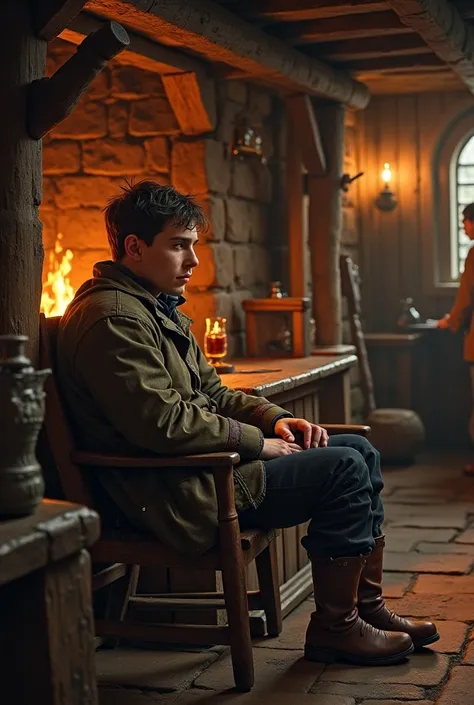 medieval Tired traveler,  young man, relaxing in a medieval tavern, a hearth is burning behind my back