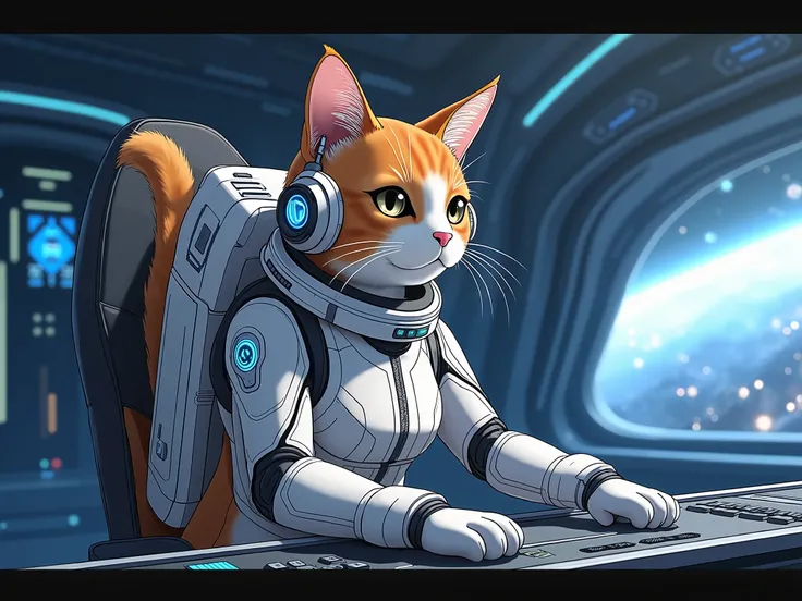 Make a cat, with a futuristic space suit, On a spaceship, Sitting at the control, with headphones - realistic anime style