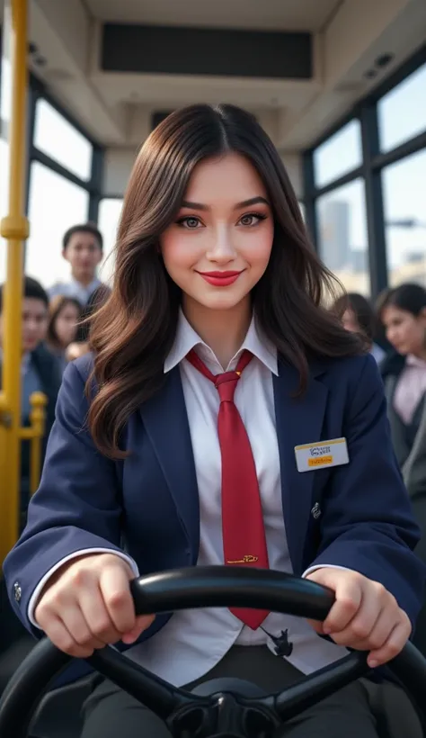 ((  top quality )), (( masterpiece)), (  Details),  girl,( from below）、  top quality 、8k、  Award-winning work  、  super high resolution )、 ( Female High School Student in Uniform Sitting in the Driver's Seat of the Bus and Driving the Route Bus :1.3),(Fema...