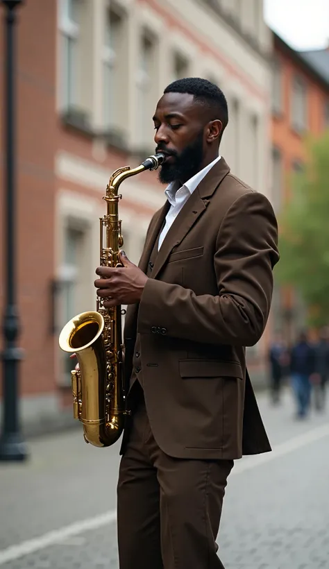  Side view, Full body,  1 male , 1 Black American,  playing both hands saxophone ,21 century a professional  scholar, front Munich college, (black short hair, beard, closed eye, serious),(white shirt, and necktie, Dark brown Jacket ,vest, Dark brown pant, ...