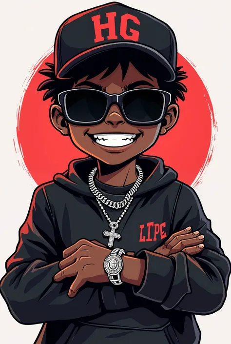 Create a logo then the name of the logo will be HG Lipe and create with a character on top of the letters ,  like a black boy wearing dark glasses with a cap and silver chain a silver bracelet with diamonds on the tooth giving a smile 