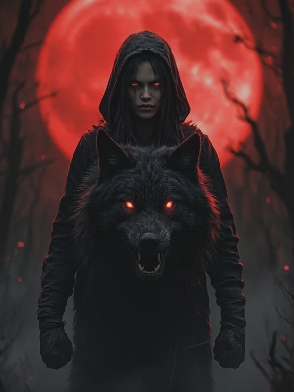 (best quality, ultra-detailed, intricate textures:1.2), (masterpiece, award-winning composition, cinematic lighting:1.2), **a young woman in a black hoodie stands behind a massive black wolf, both with glowing red eyes burning with fury**, their expression...