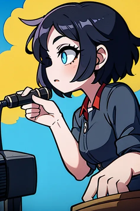 Create a 20-year-old girl singer, linda,  short hair,  sky blue eyes,  black hair, Recording a song 