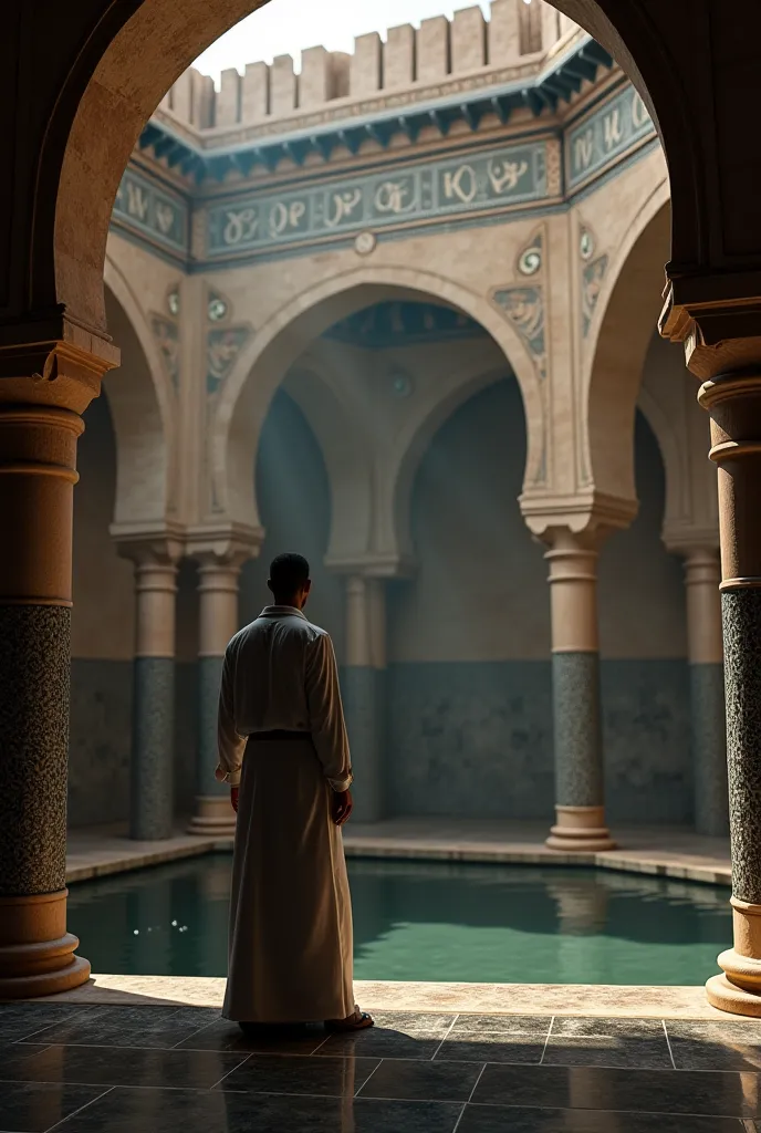 A public bath from the Mamluk era. The walls of the Mamluk bath are black due to fire smoke. It shows a black Arab man wearing a button