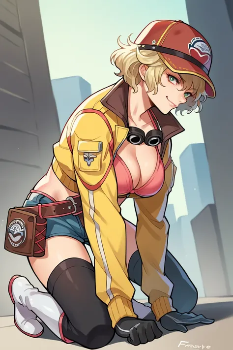 score_9, score_8_up, score_7_up, score_6_up, source_anime BREAK 1girl, solo  ffxvCindy, blonde hair, short hair, baseball cap, goggles around neck, yellow jacket, cropped jacket, pink bikini top, black gloves, belt, pouch, denim shorts, short shorts, black...