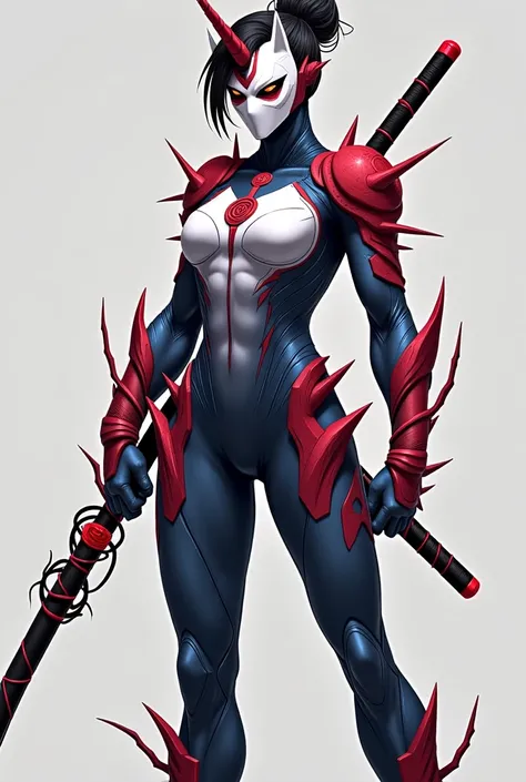 full body concept art. in style of mcu. a female with dark hair tied in a Japanese bun, wearing a white mask with a red unicorn horn on her forehead and black lines at the bottom. Her eyes are moderate red. She wears a white super suit with blue-violet bla...