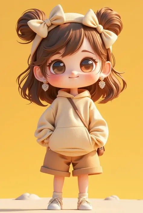 ,Cartoon little character with big eyes, chubby, big bows wearing colorful clothes, single girl, lonely, jewelry, yellow background, bow, earrings, blush,, smile, 