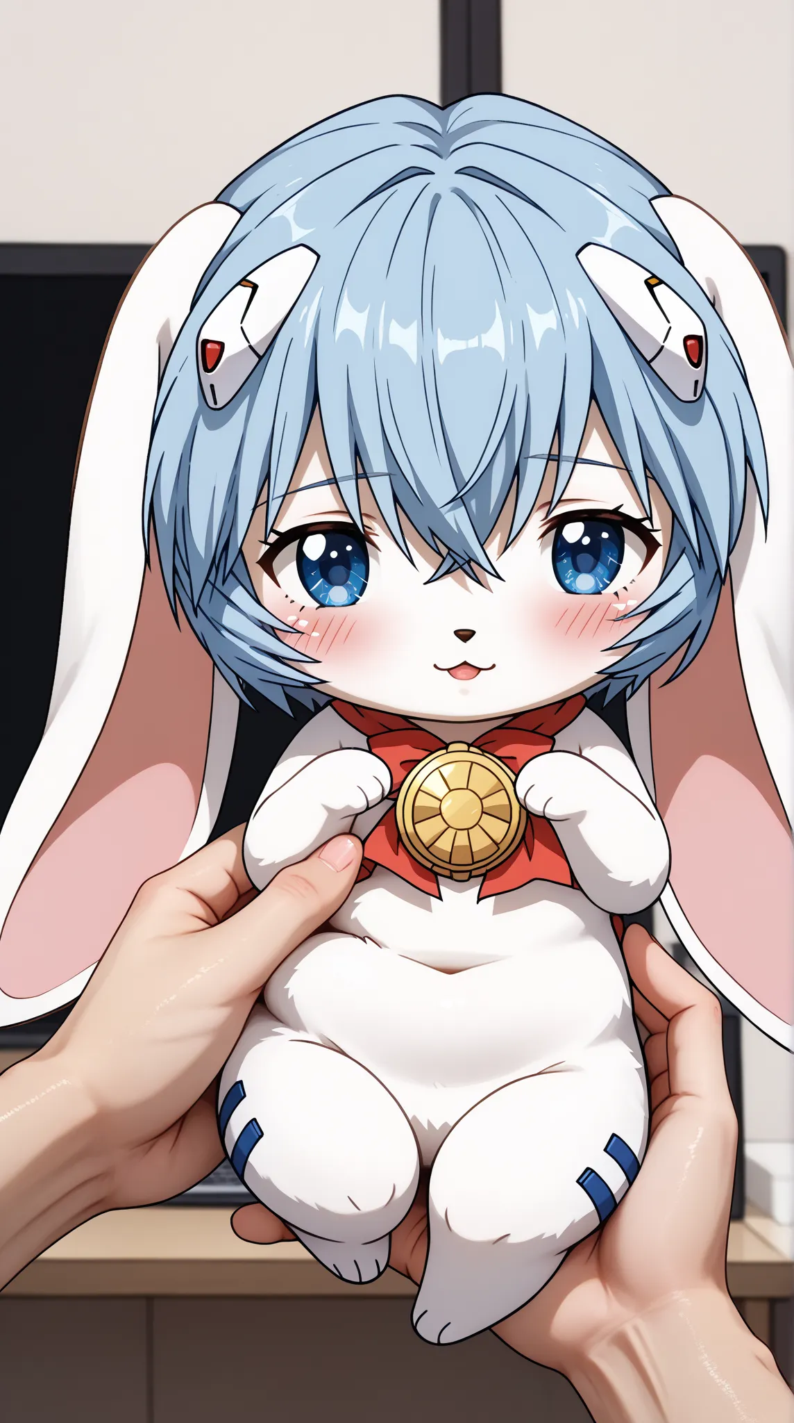 (UHD, retina, masterpiece, accurate, anatomically correct, super detail, high details,  highres, 1080P, 16k、high detail RAW color art:1.3)、 (Ayanami Rei:1.3)、short hair、light blue hair、(Shiny skin:1.3)、(cinnamonroll, blue eyes, white body, furry, chibi, fe...