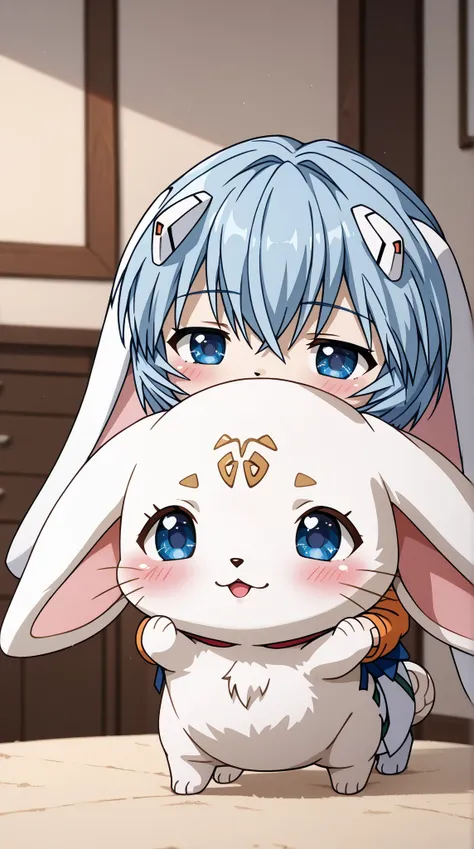 (UHD, retina, masterpiece, accurate, anatomically correct, super detail, high details,  highres, 1080P, 16k、high detail RAW color art:1.3)、 (Ayanami Rei:1.3)、short hair、light blue hair、(Shiny skin:1.3)、(cinnamonroll, blue eyes, white body, furry, chibi, fe...