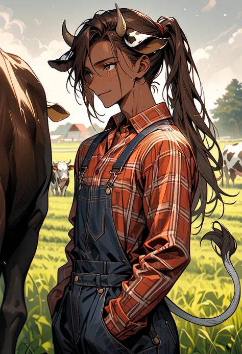 solo, male, broad shoulders, bull horns, tan skin, very long brown hair, ponytail, brown eyes, young male, farm, plaid shirt, button up shirt, overalls, fit, slightly bulky body, muscular, cow tail, slender, thin waist, friendly smile, farm, freckles, clos...