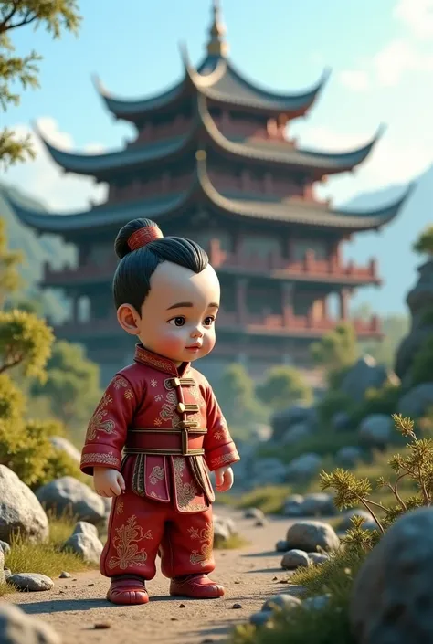 A realistic baby boy wearing an old Chinese fight suit and artificial intelligence in 
A realistic  with a realistic nature and a big hut to teach kung fu