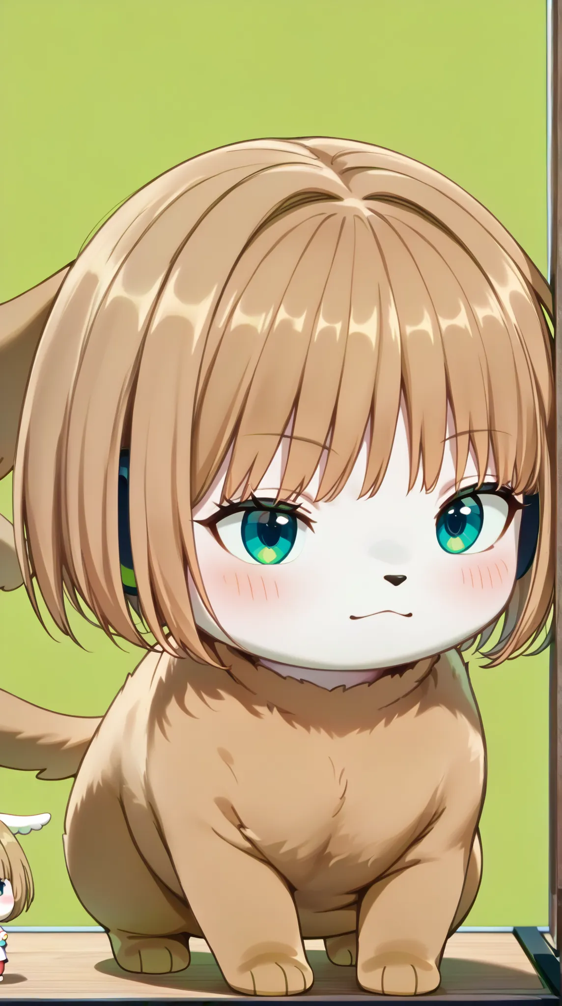 (UHD, retina, masterpiece, accurate, anatomically correct, super detail, high details,  highres, 1080P, 16k、high detail RAW color art:1.3)、(Kirie Konami ai:1.3)、(short hair、light brown hair、bangs、green　Eye :1.5)、(Shiny skin:1.3)、(cinnamonroll, blue eyes, w...