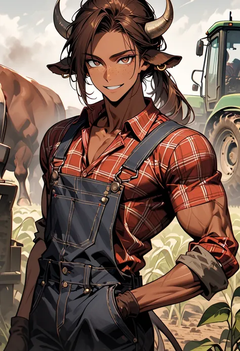 solo, male, broad shoulders, bull horns, tan skin, very long brown hair, ponytail, brown eyes, young male, farm, plaid shirt, button up shirt, overalls, fit, bulky body, muscular, cow tail, slender, thin waist, wide smile, farm, freckles, close up, brown e...