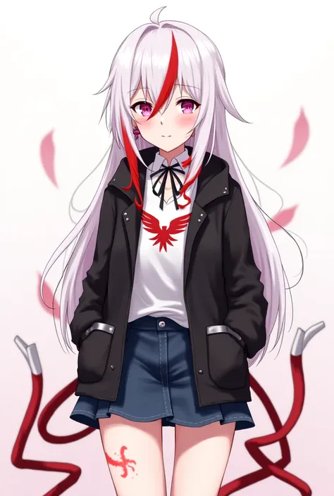  A white-haired adolescent woman with a red patch in her front hair, a casual black coat with a Phoenix symbol on the left side of the shirt, denim skirt , She has pink eyes that emanate an aura of reddish flames,She has an earring in the shape of a red fe...