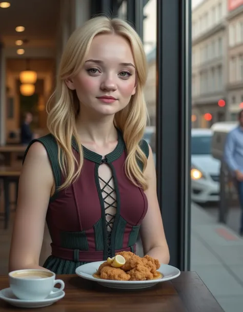 A candid and atmospheric photograph taken from the outside of a modern café, capturing a beautiful blonde woman sitting by the window. She has soft facial features and styled loose waves, and she is wearing an elegant dress with a fitted bodice in burgundy...