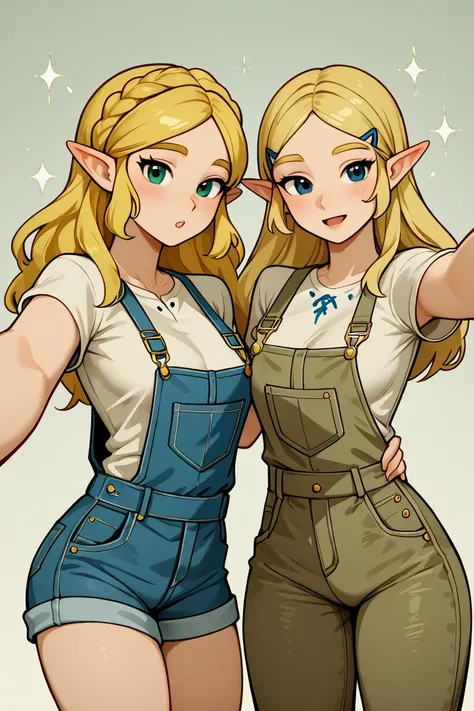 the legend of zelda breath of the wild. selfie da princesa Zelda nos jardins do castelo de HYrule, jaradins no fundo da imagem, vestindo camiseta branca, short denim overalls