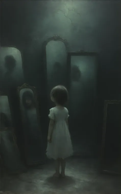 In the center of a dimly lit room filled with mirrors of various shapes and sizes stands a small girl. She is barefoot, wearing a light, flowing dress, her large eyes filled with wonder and quiet contemplation. In each mirror, her reflection appears slight...