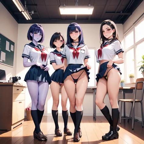 (nsfw:1.5), ( 5 girls:1.3),  Masterpiece,  top quality,  amazing beauty, 4K,   is ridiculous,  detailed,  super detailed eyes,  perfect anatomy,  Official Art,  cinematic lighting , room,  silky bob cut ,   black hair,  dark eyes,  watching viewers(camera)...