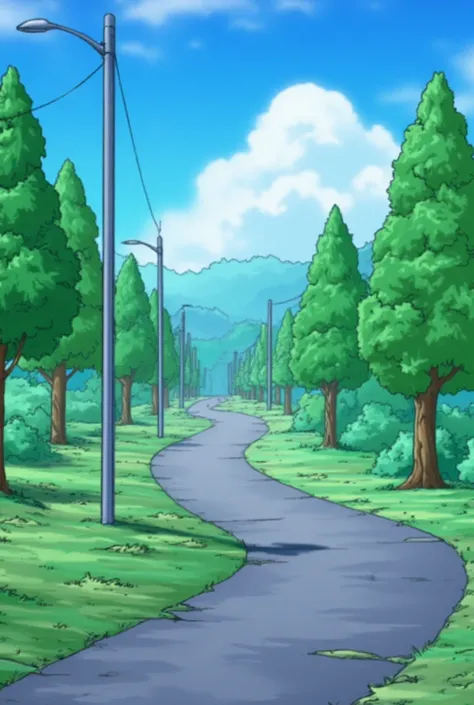  Imagine a slightly wavy path,  your design made of gray cement , with few trees scattered ,  with poles turned off as you walk along the path, there was no one present ,  anime style  