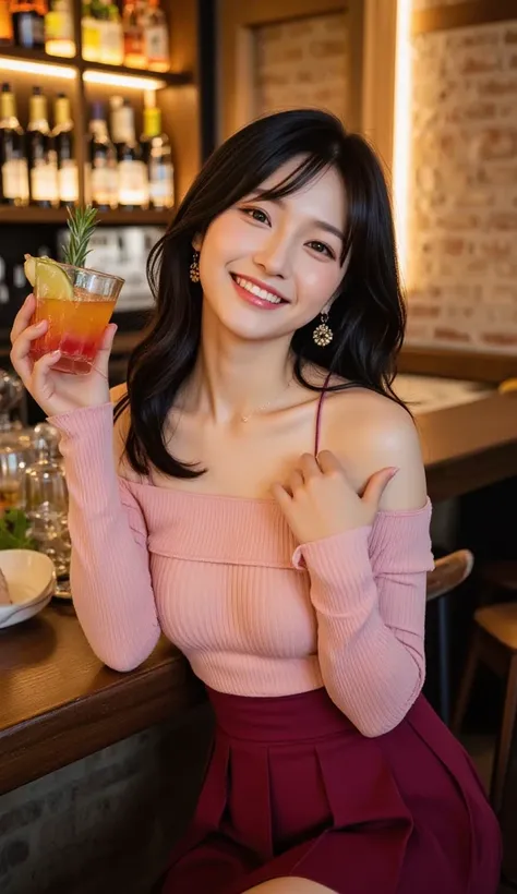 A young Japanese woman, seated at a rustic bar counter, is captured mid-motion as she lifts a vibrant cocktail glass, its colorful liquid glistening under the soft, ambient bar lights. She flashes a wide, open smile, radiating joy and spontaneity as her he...