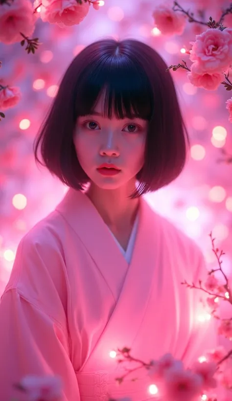 Girl looking at camera “age Japanese”、 black hair short bob hair、Wearing a robe、god秘的、god々 wrapped in pink light 、Flowers are in full bloom 