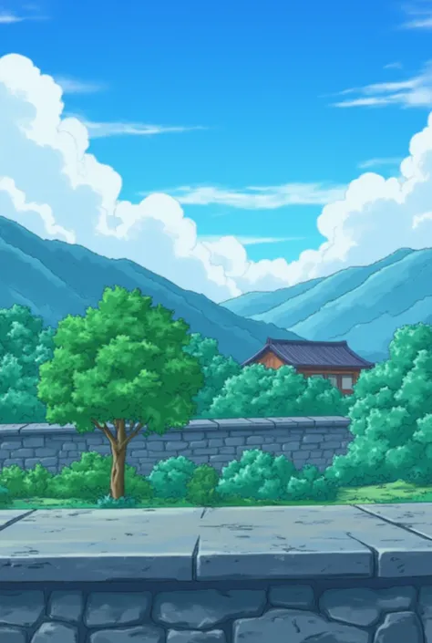 There is a stone shelf at the bottom of the corner, and , behind it, a tree growing a little behind a hanok wall, and mountains and clouds arranged behind it., Like a Japanese anime background art,