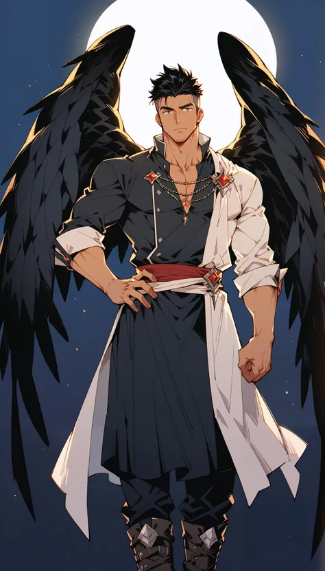 anime character: ((large black feather wings, large spreaded wings,)), slim male, masterpiece,  male focus, mature, manly, short undercut, handsome male, manly, body shot, standing tall, standing, slim, looking at viewer, detailed eyes, night, moon, stubbl...